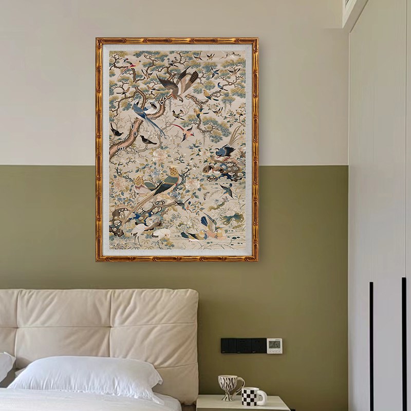 《百鸟图》法式中古风花鸟图装饰挂画客厅沙发背景墙实木竖版摆画