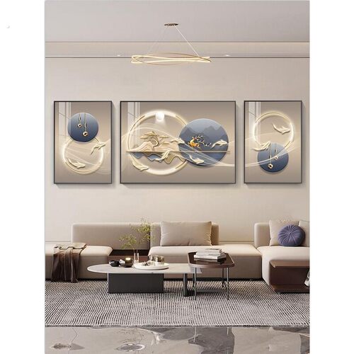 福禄有余客厅装饰画高档大气沙发背景墙挂画现代轻奢三联画壁画