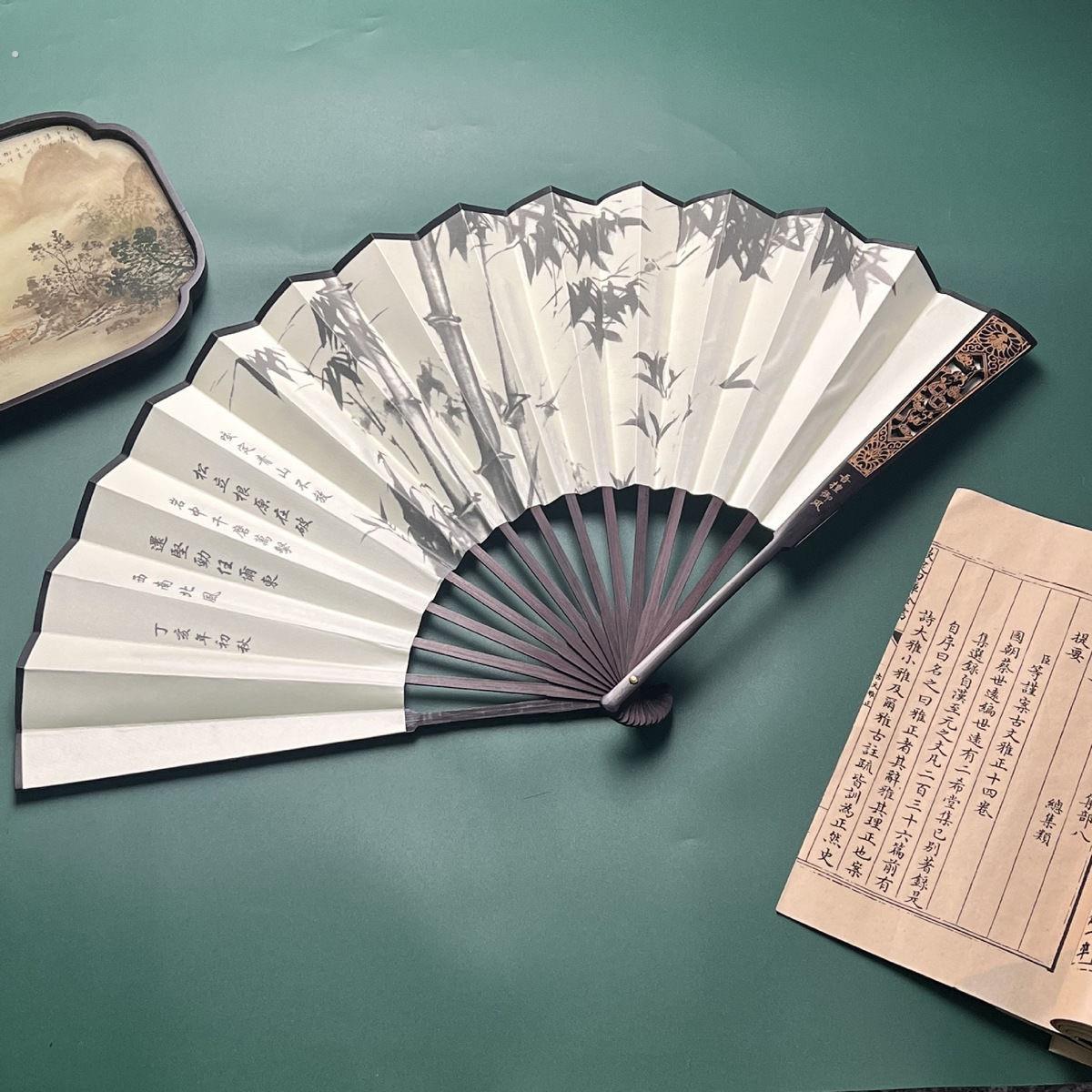 扇子中国风礼品男折扇古风夏天携带大绢扇字画复古折叠扇雕刻定制