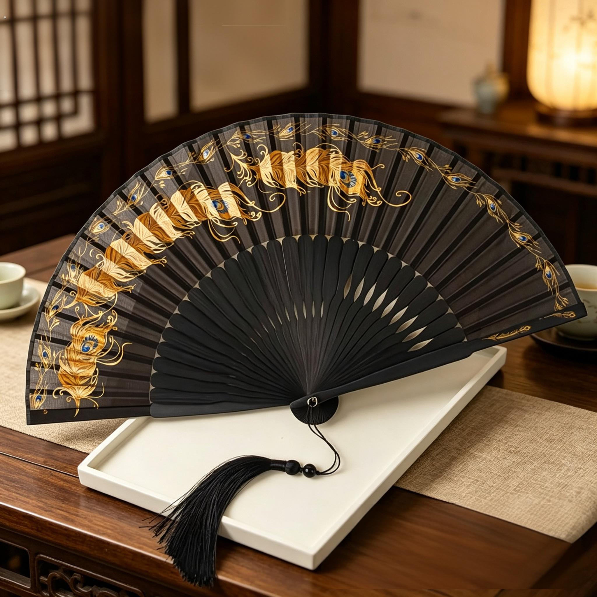 中国风扇子孔雀扇专用丝绸舞蹈扇女式折扇夏天便携绫绢扇高端礼物