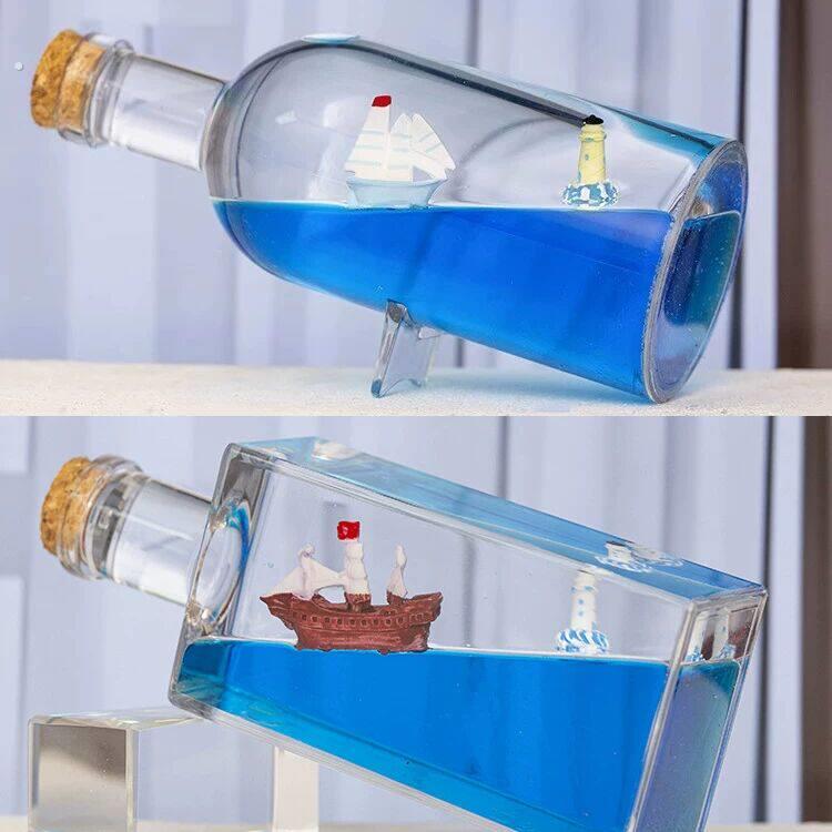 瓶中船地中海帆船漂流瓶方瓶圆瓶漂浮油滴酒柜装饰摆件解压礼物