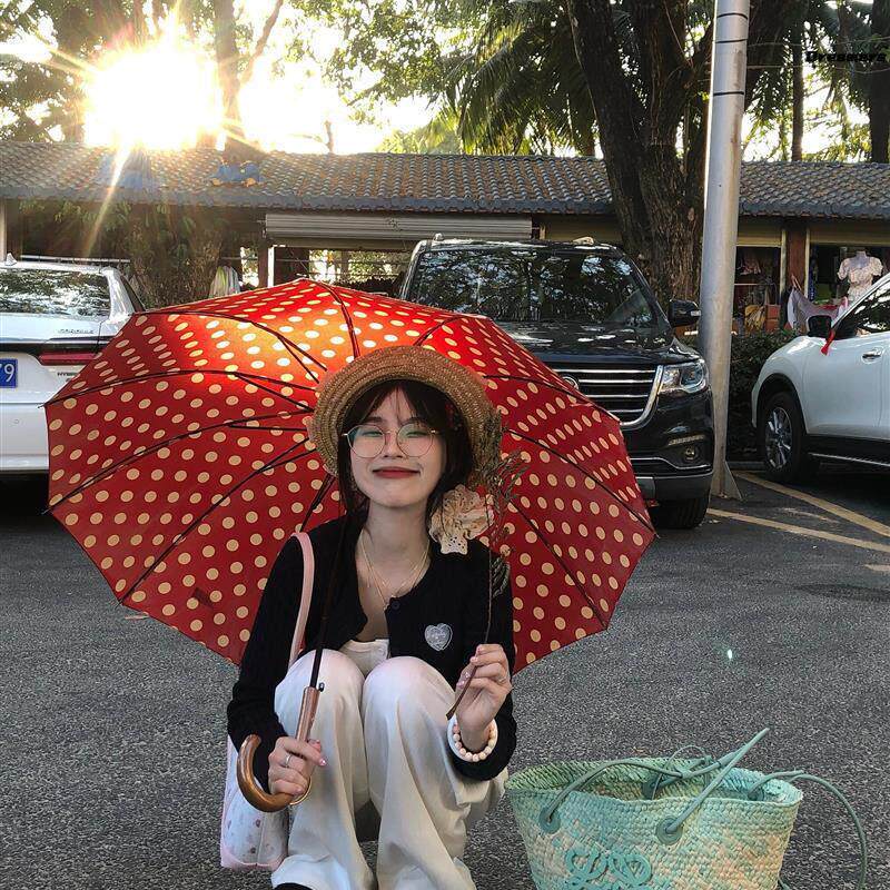 红色波点雨伞女晴雨两用太阳伞防晒高颜值遮阳伞长柄手动折叠厂家