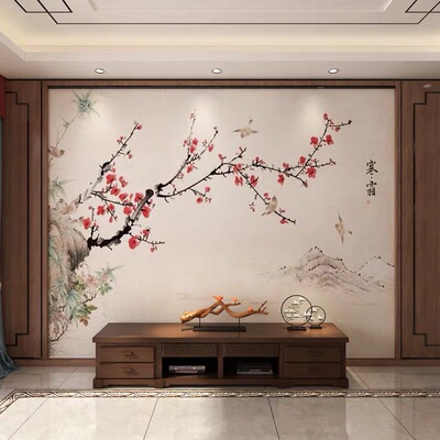 新中式五框电视背景墙画玉兰花立体装饰客厅墙布卧室花鸟壁画壁布