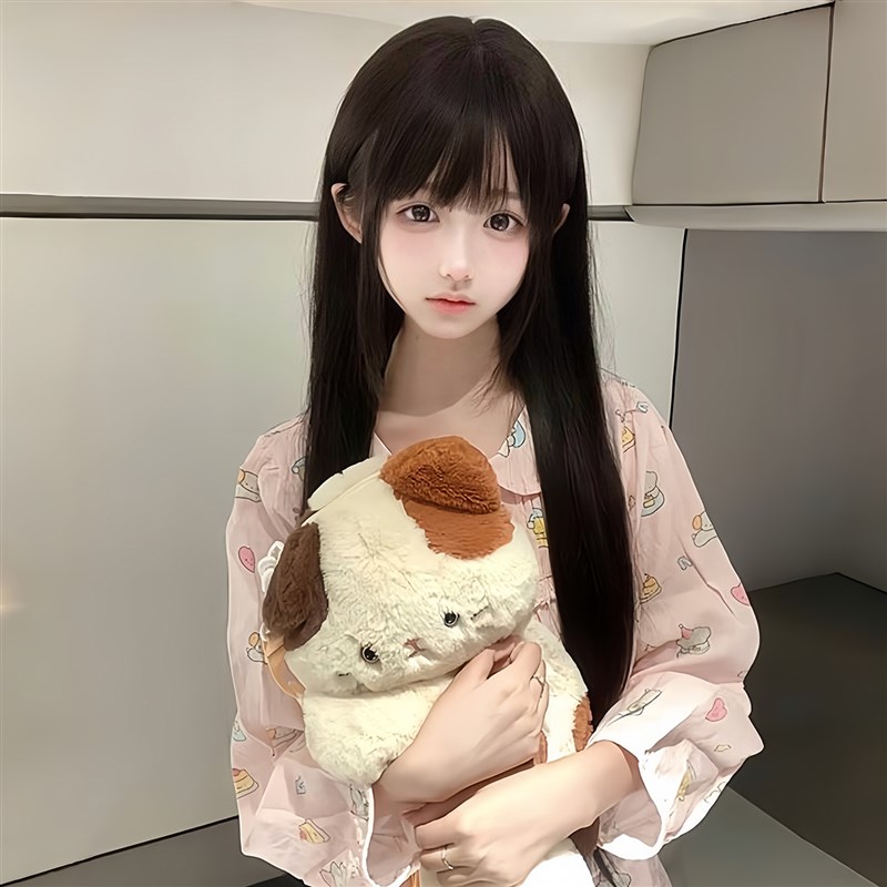 轻丝假发女长发85cm网红lolita长直发自然黑色齐刘海全头套jk少萝