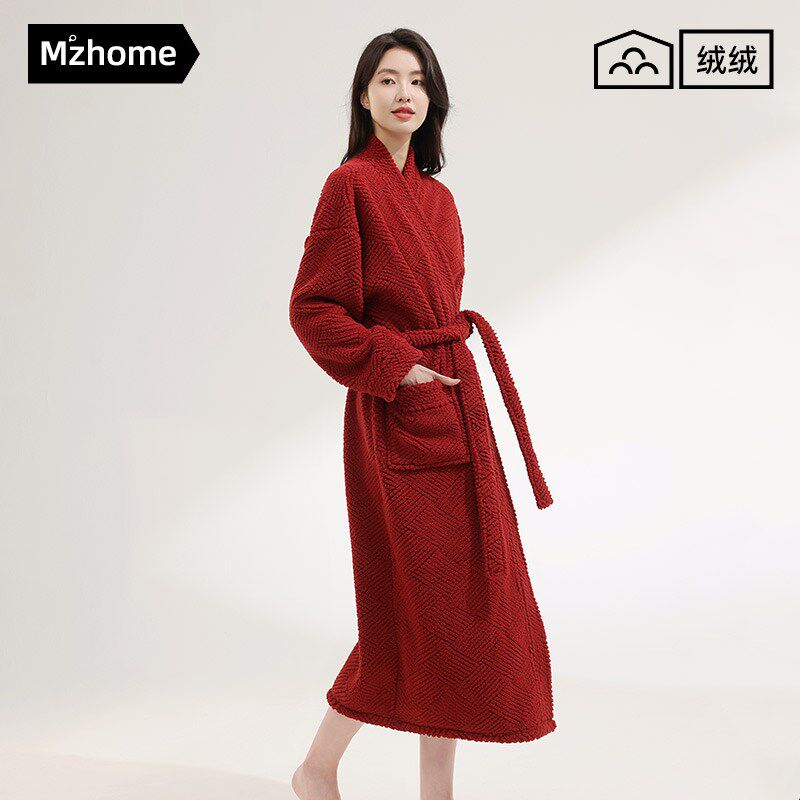 新款睡袍男女秋冬款半边绒晨袍本命年红色家居服睡衣珊瑚绒长袍