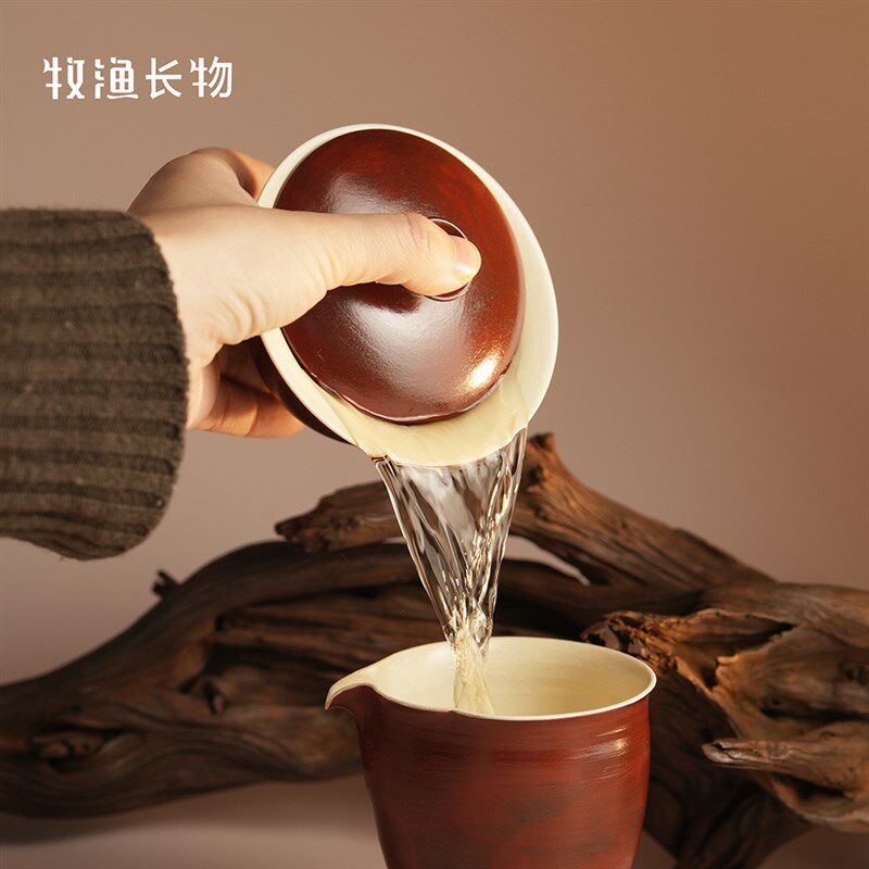 牧鱼漆红景德镇手工化妆土盖碗套装家用泡茶碗功夫茶具陶瓷礼品