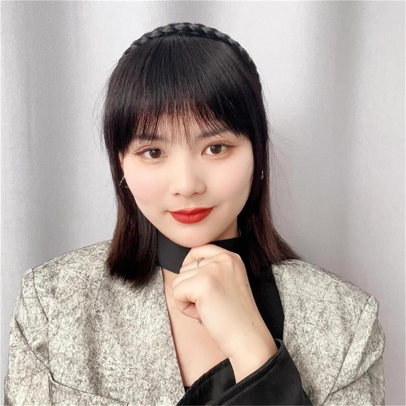 辫子发箍刘海一体真发前额头帘鬓角遮白发碎齐刘海头顶假发补发片