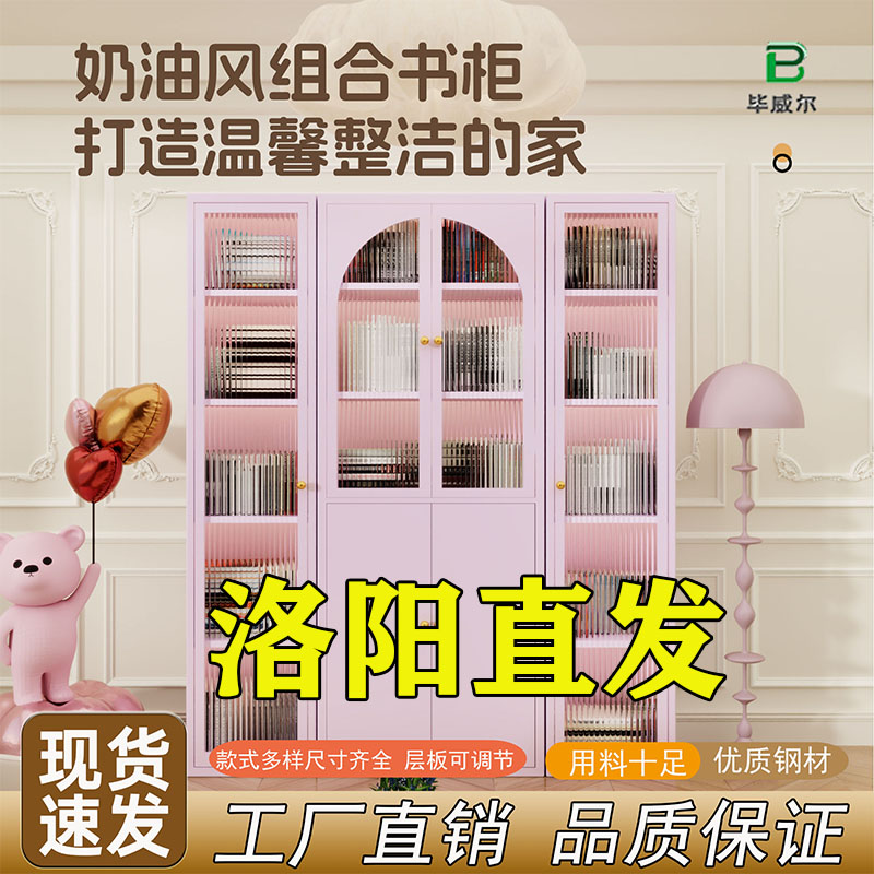 钢制书柜带玻璃门铁皮书柜家用客厅储物柜防尘展示柜铁艺置物架