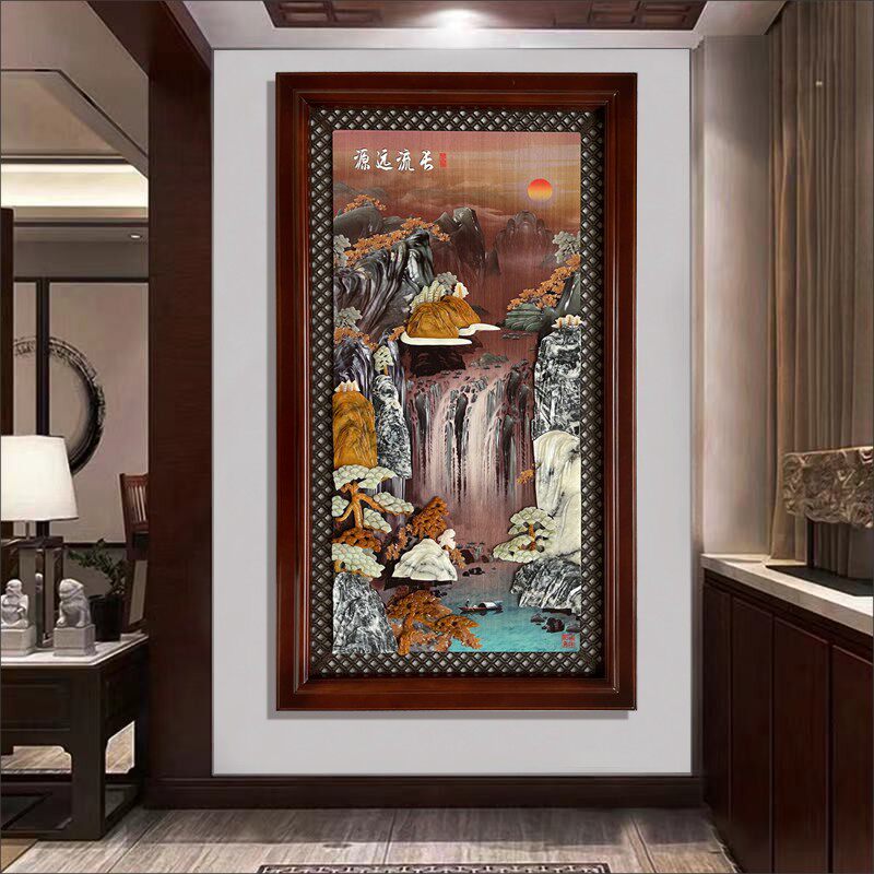 客厅背景墙实木玉雕装饰画新中式玄关入户走廊过道尽头挂件壁画福
