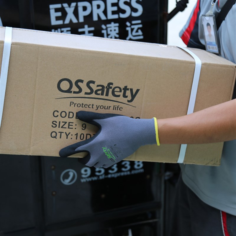 6双】QS强生15针氨纶丁腈磨砂劳保手套耐磨防滑机械维修工地物流