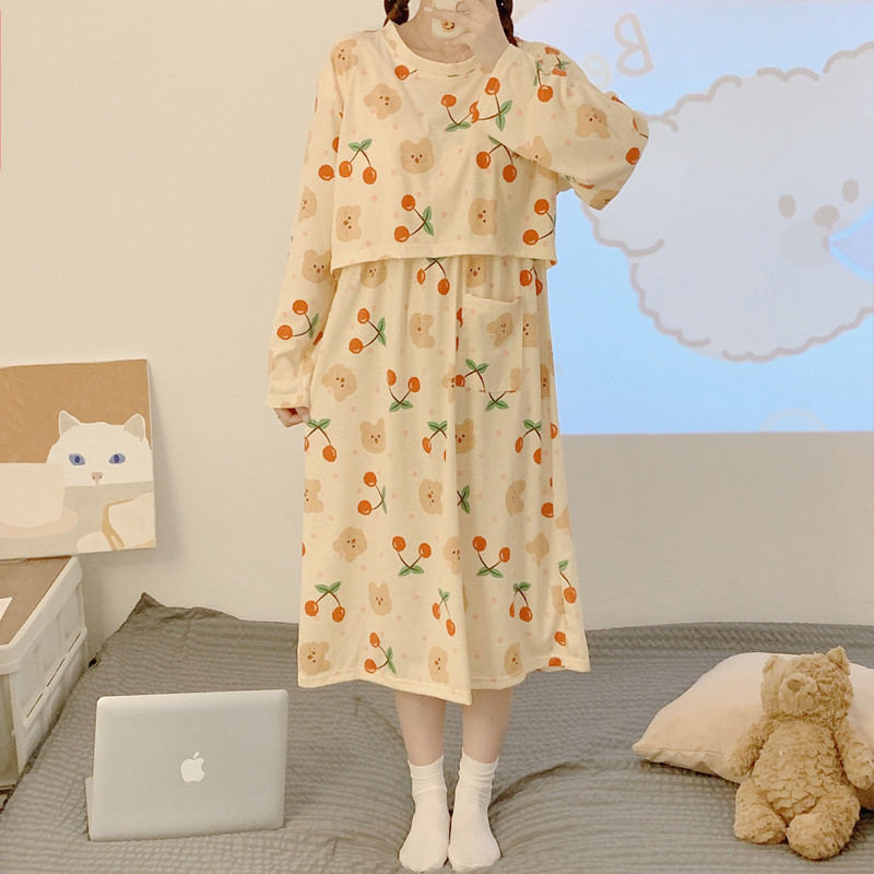 哺乳睡裙女春秋季产后孕妇带胸垫睡衣大码免穿文胸喂奶月子家居裙