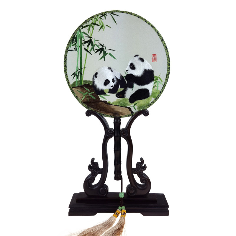 蜀绣双面绣熊猫竹子团扇摆件中国风手工艺品四川出国礼物礼品包邮