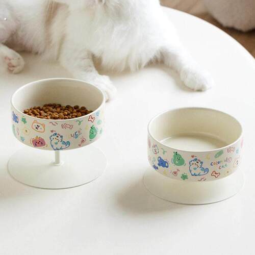 芝小麻可爱涂鸦陶瓷宠物碗猫咪高脚碗架保护颈椎大口径猫粮碗水碗