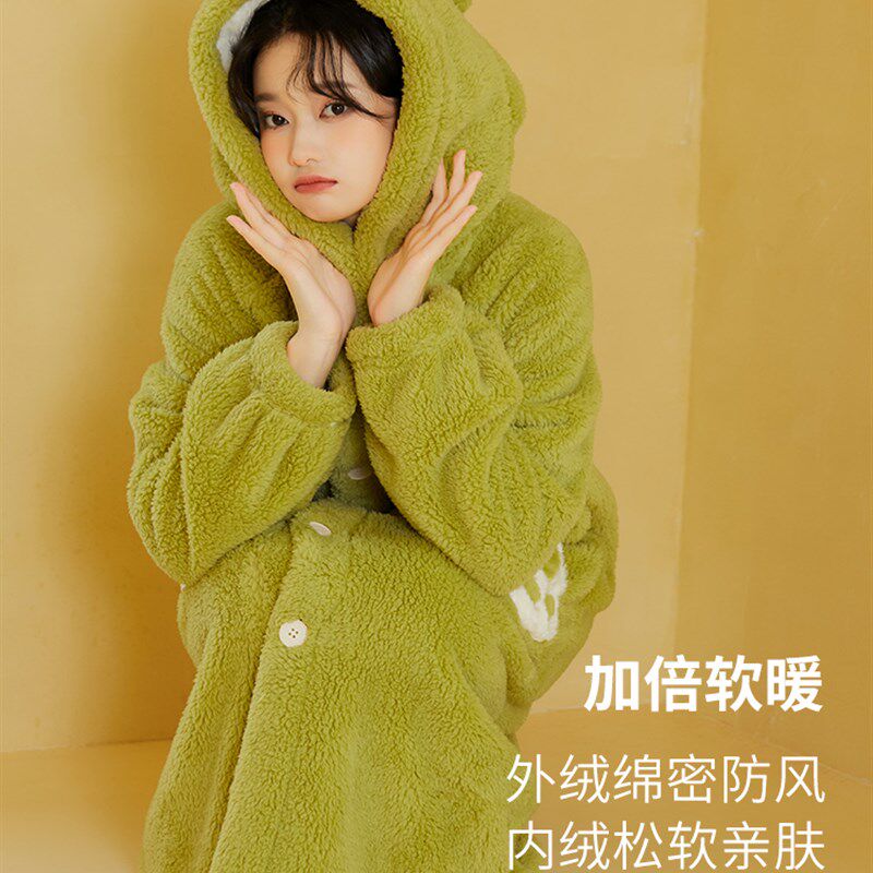 可爱小怪兽长款珊瑚绒睡袍女冬季新款加厚加绒绿色保暖浴袍家居服