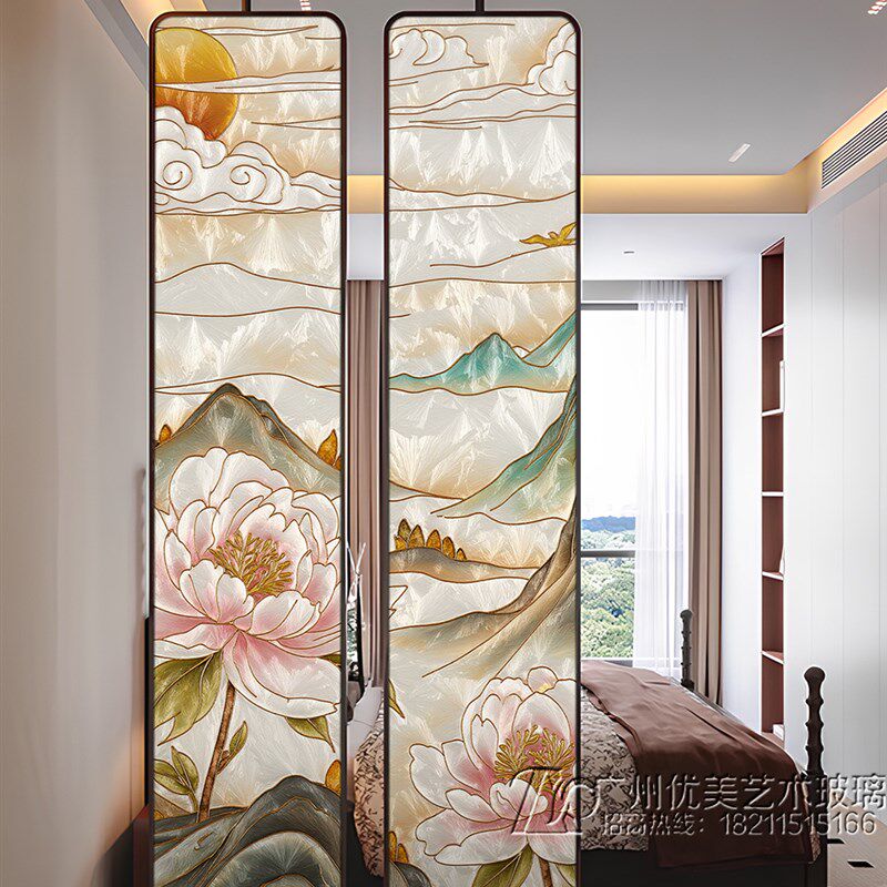 齐芝手工掐丝珐琅彩艺术玻璃隔断屏风客厅玄关入户门轻奢