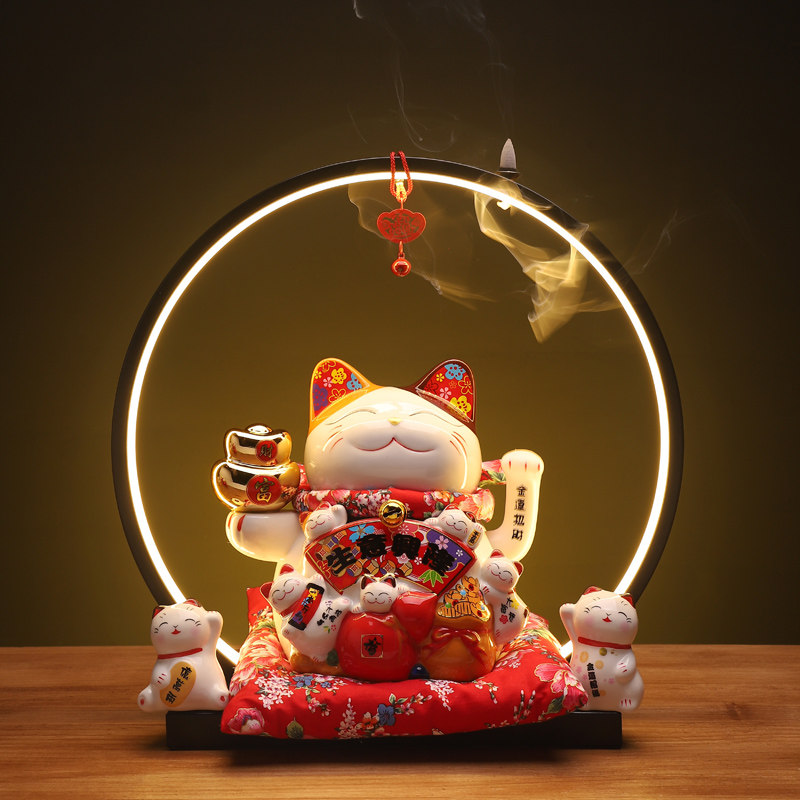 招财猫灯圈摆件存钱罐店铺开业摆件创意礼品家居饰品陶瓷工艺礼品