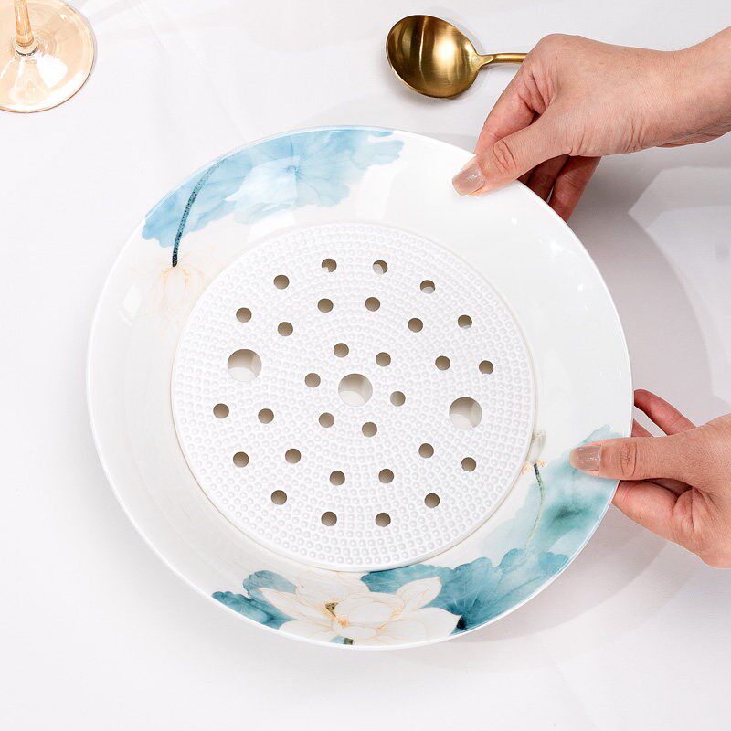 红牡丹 饺子盘骨质瓷沥水双层盘家用陶瓷大号水饺盘中式水果盘