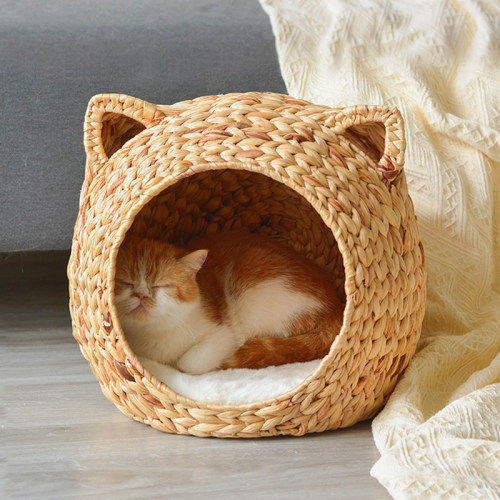 藤编猫窝夏季窝天然蒲草手工编织宠物屋半封闭猫别墅四季通用