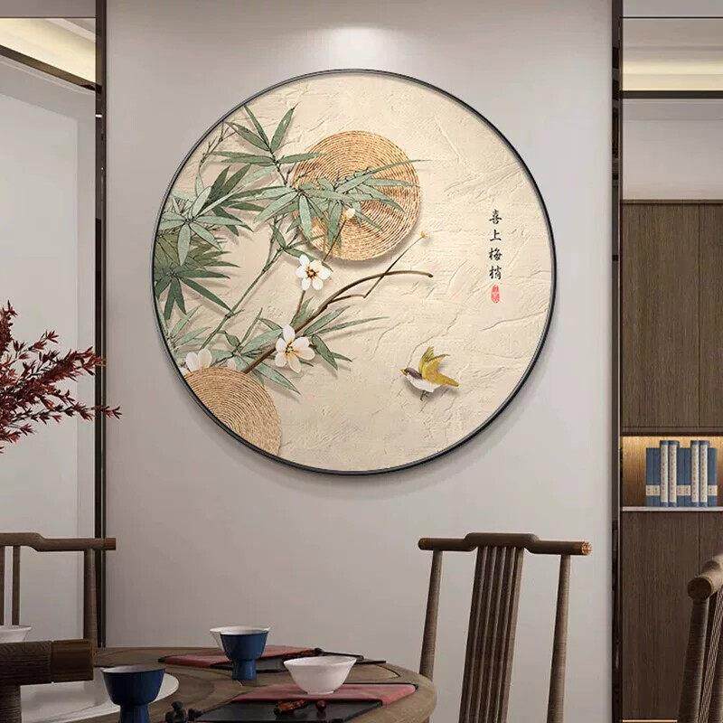简约清新玄关花鸟画新中式圆形装饰画书房茶室走廊过道背景墙壁画