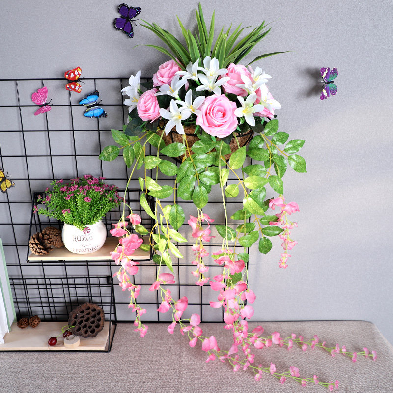 仿真花壁挂装饰花套装假花玫瑰百合挂壁花墙壁假花藤仿真花藤壁挂