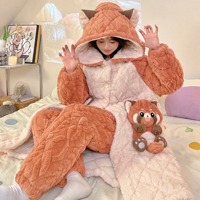 珊瑚绒睡衣女款秋冬季三层夹棉袄加厚加绒长款睡袍家居服浴袍套装