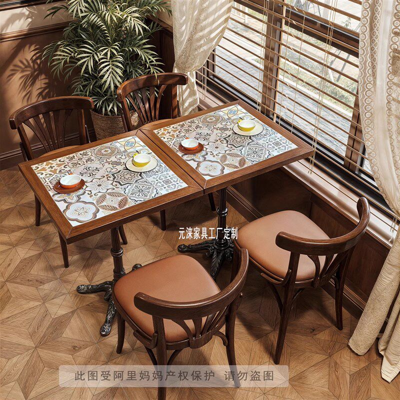 复古咖啡馆西餐厅实木桌椅组合餐饮小吃甜品奶茶店糖水铺方圆桌