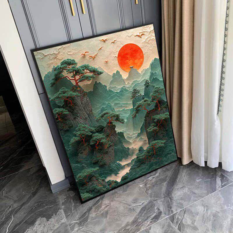 新中式山水装饰画国风画风景艺术壁画入门玄关挂画太阳悬挂家庭画