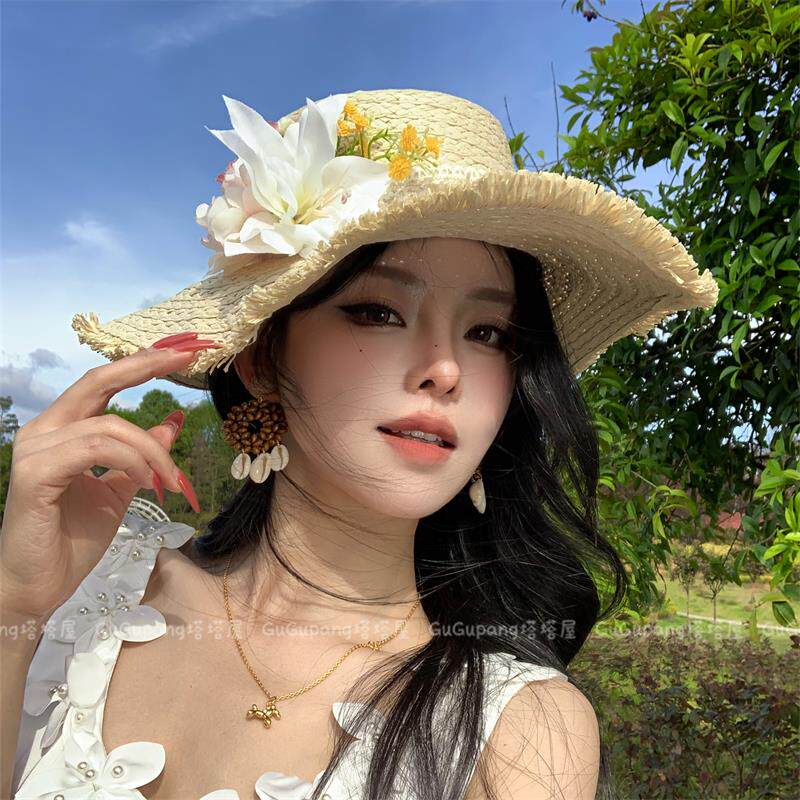 米色蕾丝花朵草编大帽檐草帽女2026新款度假风外防晒遮阳帽太阳帽