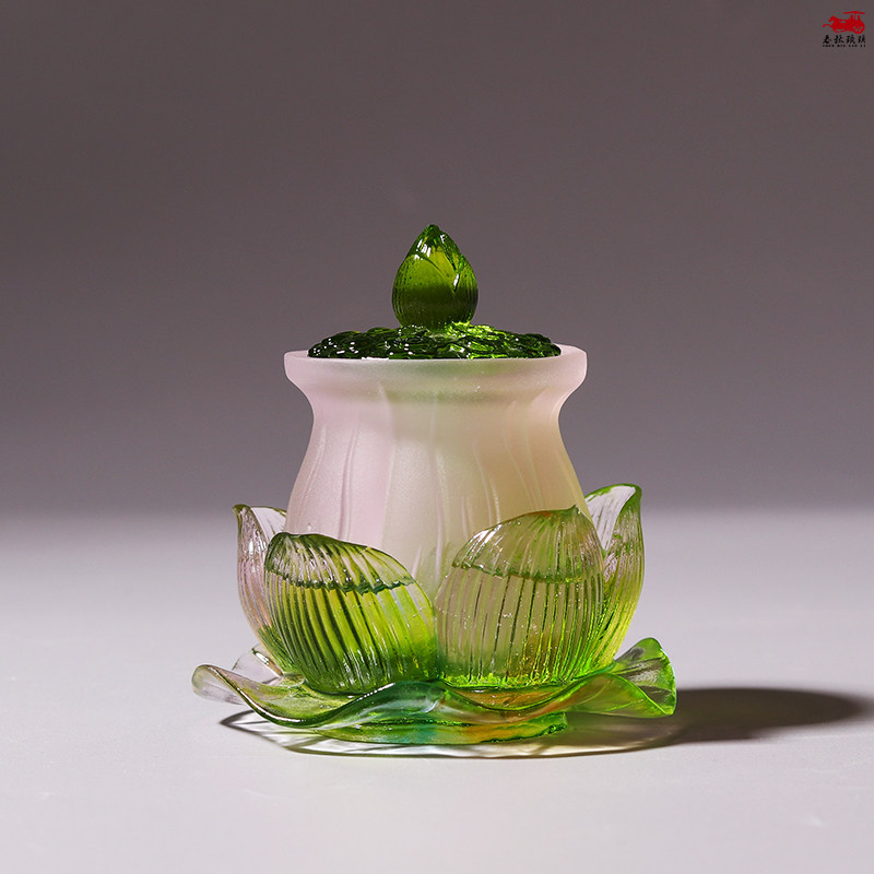 琉璃青莲花瓶佛具供盘净水杯香炉莲花佛堂观音供佛家居供奉摆件