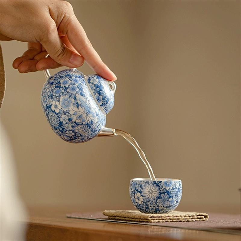 青花鎏银茶壶茶杯家用一壶一杯礼盒装陶瓷功夫茶具个人专用泡茶壶