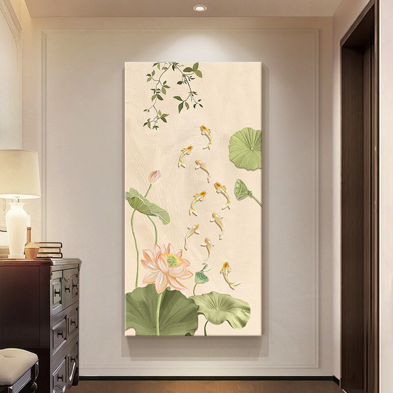 新中式荷花入户玄关装饰画现代九鱼图锦鲤正对门挂画进门过道壁画