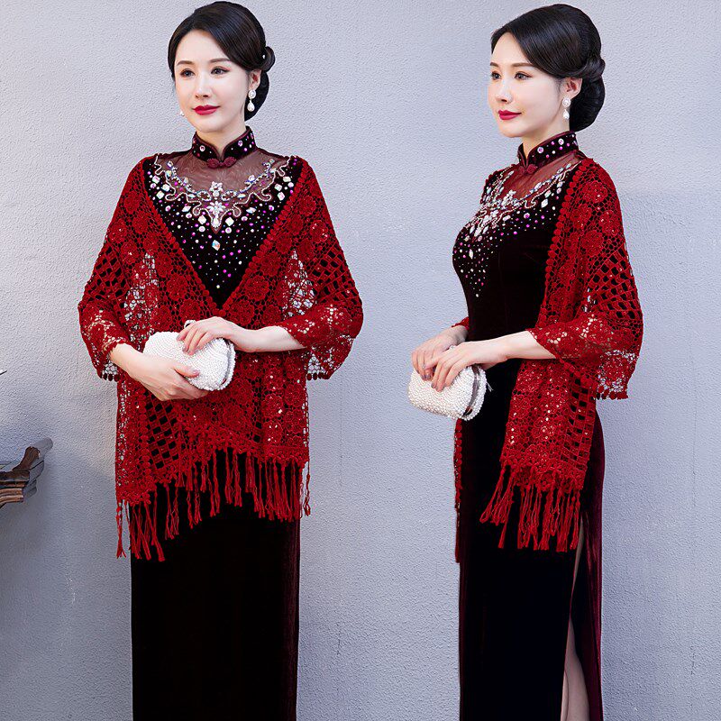 春夏薄款百搭旗袍披肩礼服外披蕾丝亮片高端喜婆婆妈妈婚宴装外搭