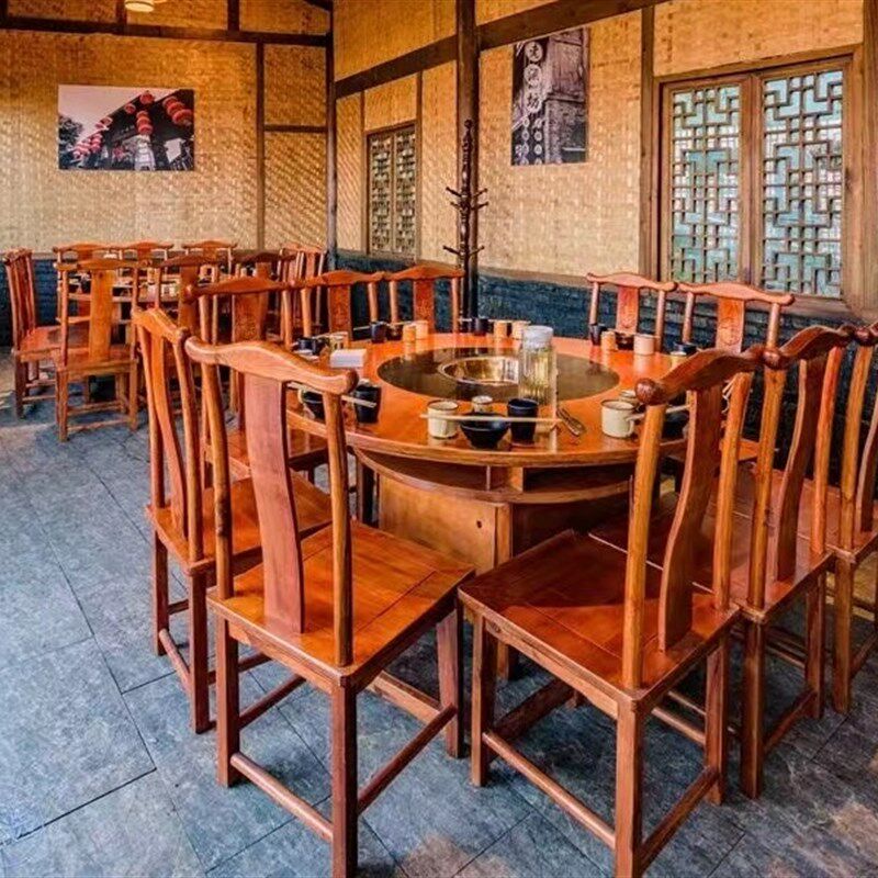 火锅店大理石圆形火锅桌子电磁炉一体餐馆商用实木餐桌大圆桌家用