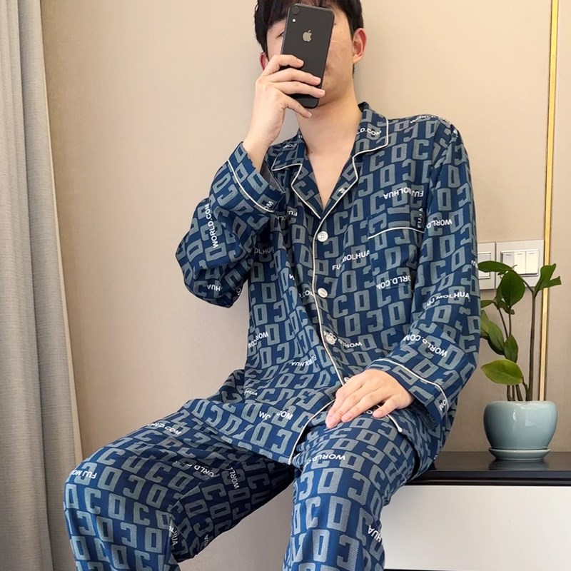 青少年男士轻薄透气居家可外穿绵绸居家服夏季服长袖棉绸睡衣套装