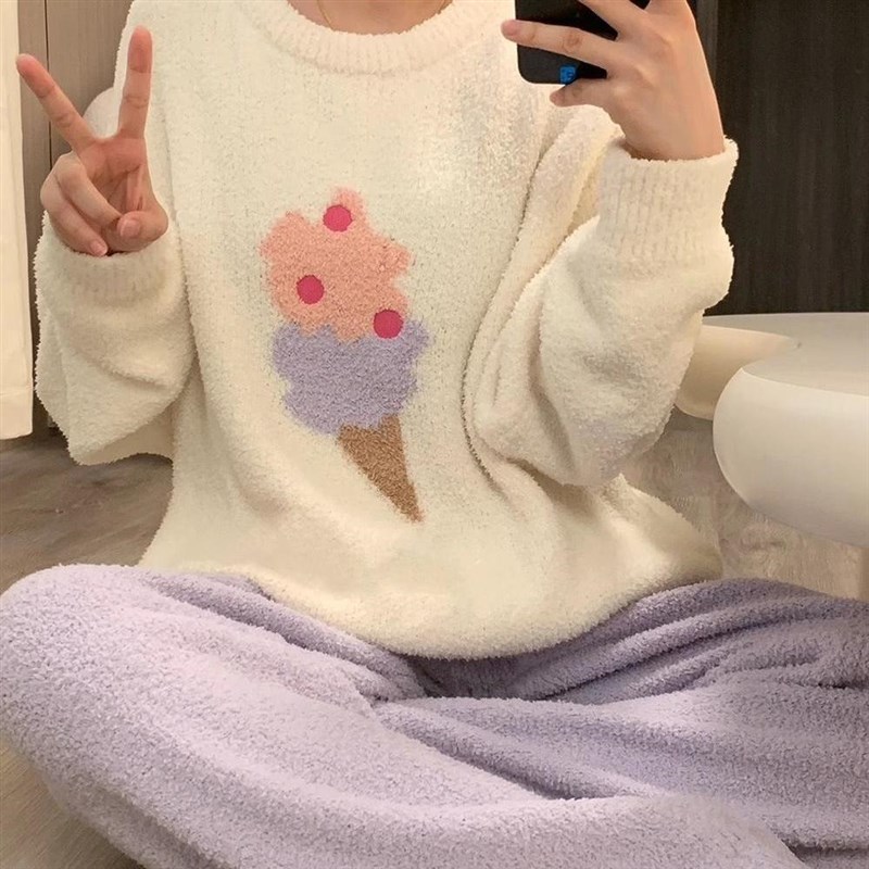 半边绒睡衣女冬季韩版甜美可外穿冰淇淋印花加绒加厚珊瑚绒家居服