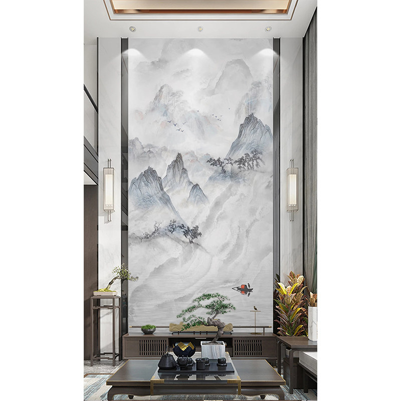 轻奢复式楼挑高电视背景墙瓷砖楼中楼新中式山水影视墙客厅大理石
