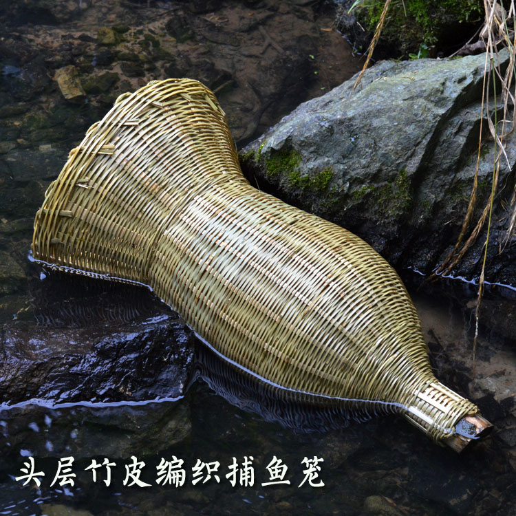创意头层竹皮手工艺烟熏竹编黄鳝笼泥鳅笼灯罩形装饰带盖捕虾笼