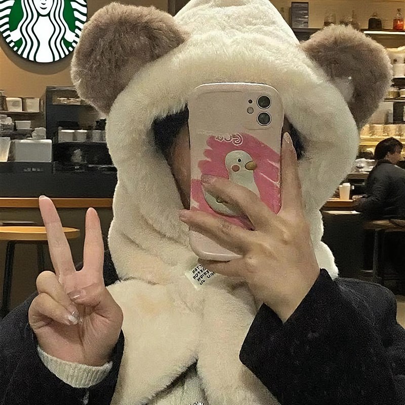 虞书欣骑车保暖护耳帽子围巾一体两件套冬季加厚雷锋帽女秋冬围脖