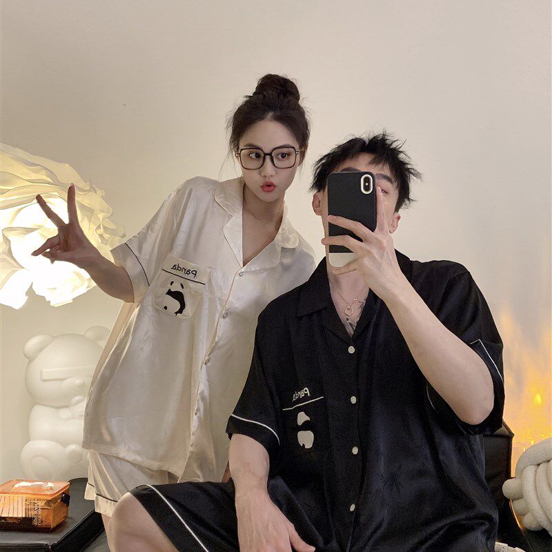 睡衣情侣冰丝卡通熊猫一男一女夏季短袖薄款丝绸高级感家居服套装