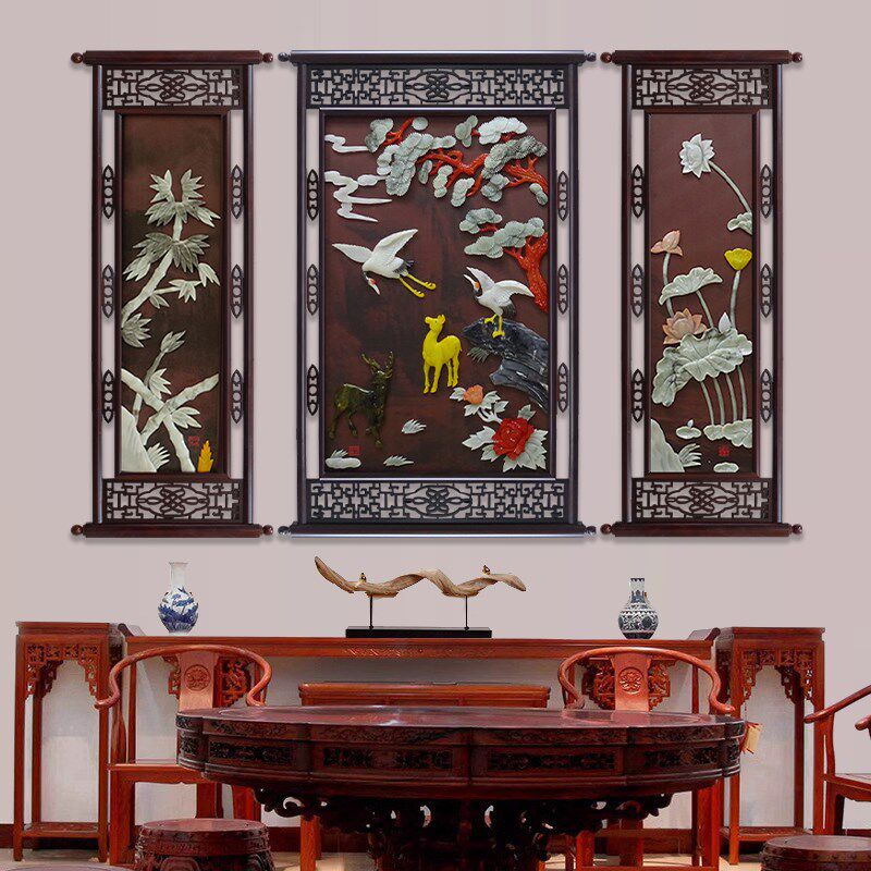中堂画客厅装饰画农村堂屋大厅自建房大气三联新中式玉石玉雕挂画