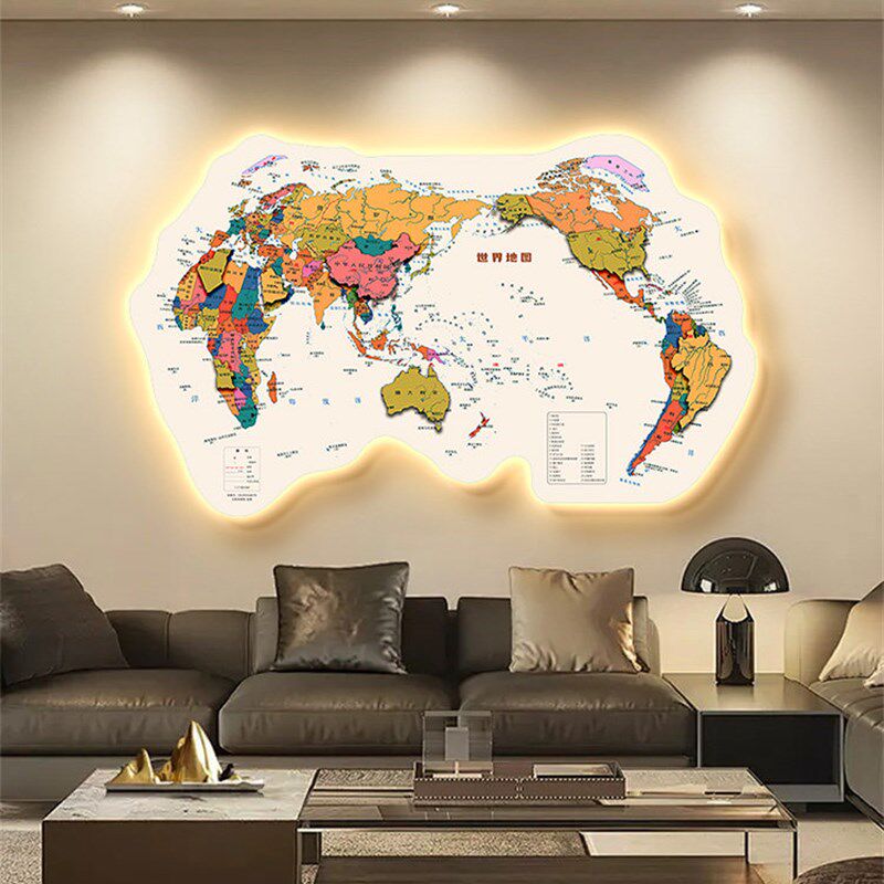 世界地图发光led带灯客厅装饰画中英文版办公室沙发背景墙壁挂画