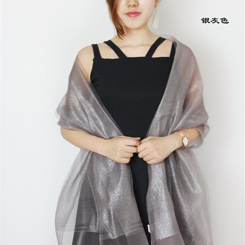 双层欧根纱桑蚕丝围巾真丝丝巾金色礼服婚纱旗袍披肩长女款秋冬季