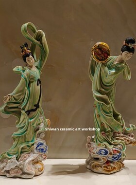 陶瓷仙女散花女士手工家居装饰饰品中国大堂会所嫦娥本月古典美