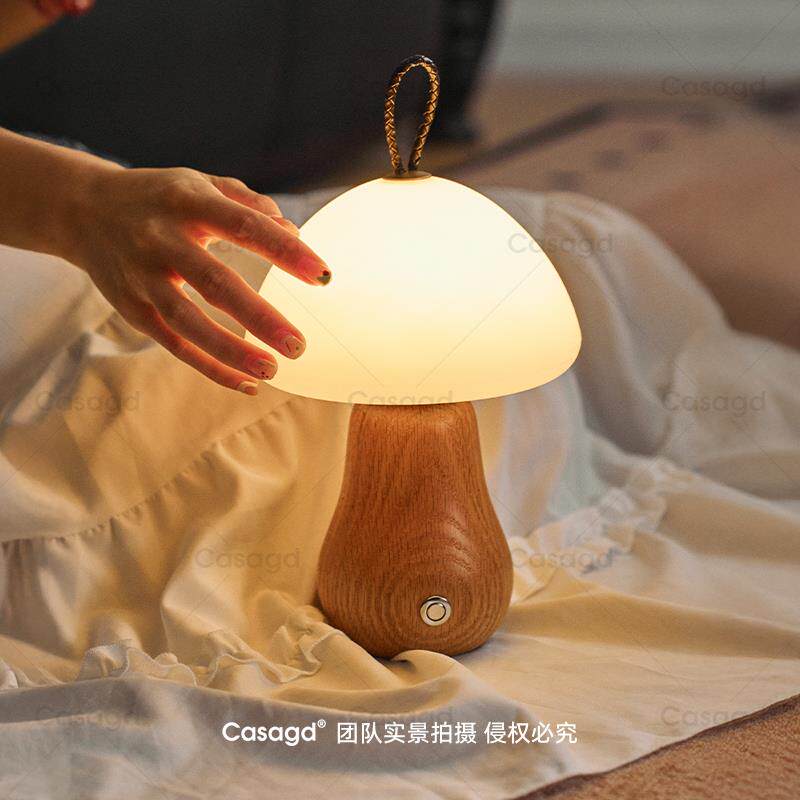 中古实木蘑菇台灯桌面装饰卧室床头触摸氛围睡眠灯露营充电小夜灯