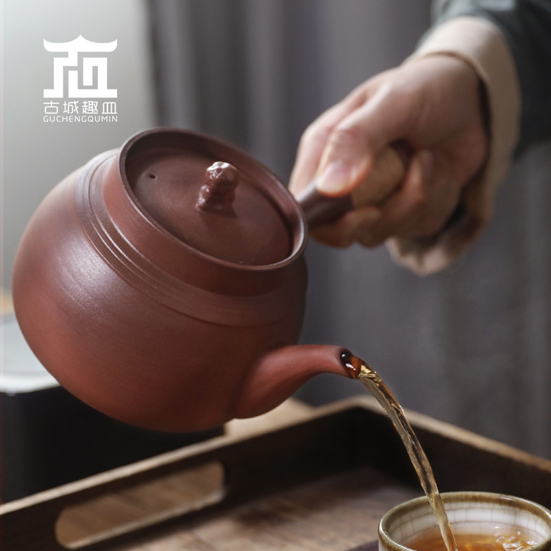 老岩泥粗陶烧水煮茶壶砂铫电陶炉侧把急须家商用大容量白黑普洱茶