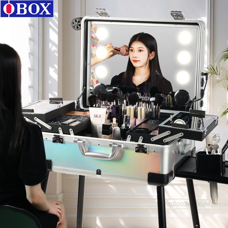 2024OBOX化妆箱专业跟妆师行李箱带镜子带灯支架化妆师专用拉杆箱