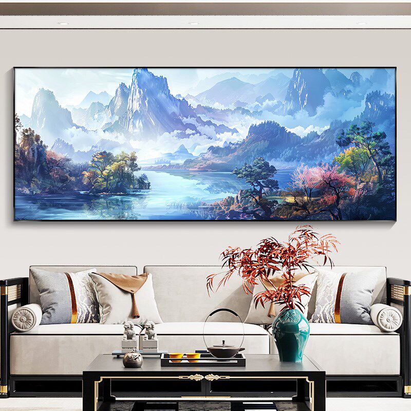 新中式客厅装饰画一整幅大气山水画沙发背景墙壁画发财树现代挂画
