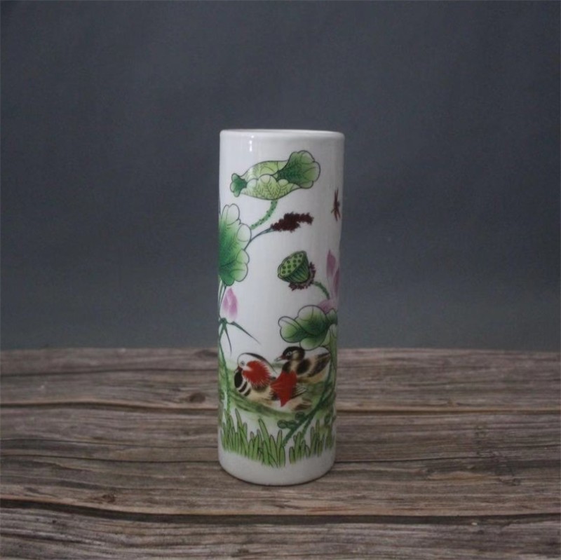 景德镇仿古瓷器乾隆粉彩鸳鸯荷花高笔筒家居装饰展柜办公摆件复古