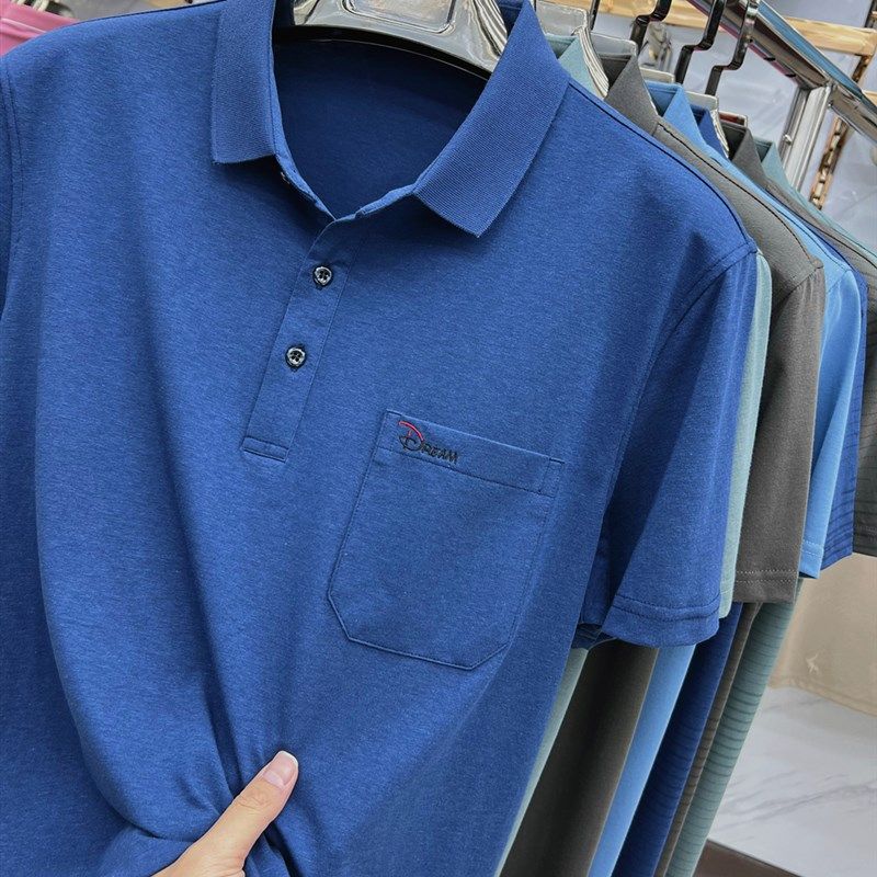 夏短袖有口袋翻领中老年人男纯棉T恤 爸爸休闲宽松POLO衫男装上衣