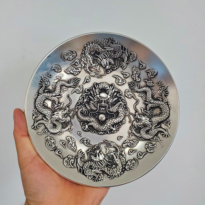 摆件黄铜镀银色五龙献瑞盘子 家居新中式装饰品 酒柜工艺品 铜器